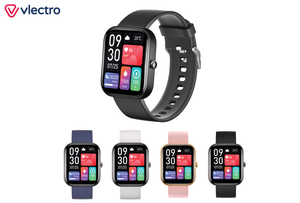 Vlectro - Smartwatch R1 - Schwarz & Silikon - Bluetooth-Anrufe & Gesundheitsmonitor - IP67 Wasserdicht - Für Android & iOS - Schwarz