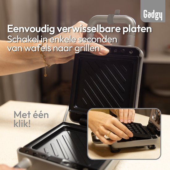 Gadgy Premium Waffeleisen – Silber – 3-in-1-Grill, Sandwich- und Waffelmaker – Austauschbare Platten – 600 W – Besonders leistungsstark – Brüsseler Waffel