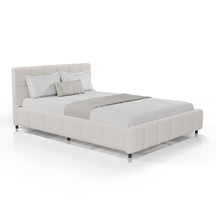 Juskys Polsterbett „Florence“ – 140 x 200 cm – Bouclé, cremefarben – mit Kopfteil und Lattenrost