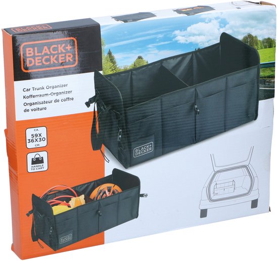 BLACK+DECKER Kofferraum-Aufbewahrungsbox – 59 x 36 x 30 cm – 2 Fächer – Zusätzliche Seitentaschen – Mit Griffen – Schwarz