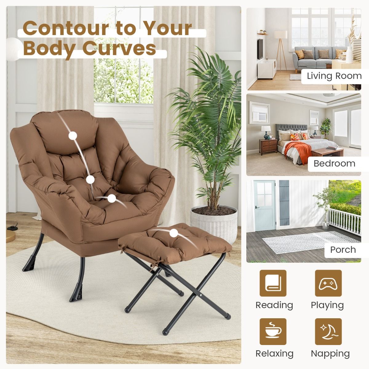 Coast Sessel mit Hocker – Relaxsessel mit Armlehnen und Fußstütze – Ergonomisches Design – Braun