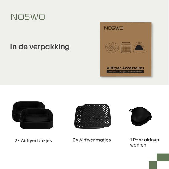 Noswo Airfryer Silikontablett - 4er-Set mit Handschuhen - 20,5x20,5 cm - Alternative zu Backpapier - Zubehör - Korb - Backform - XXL