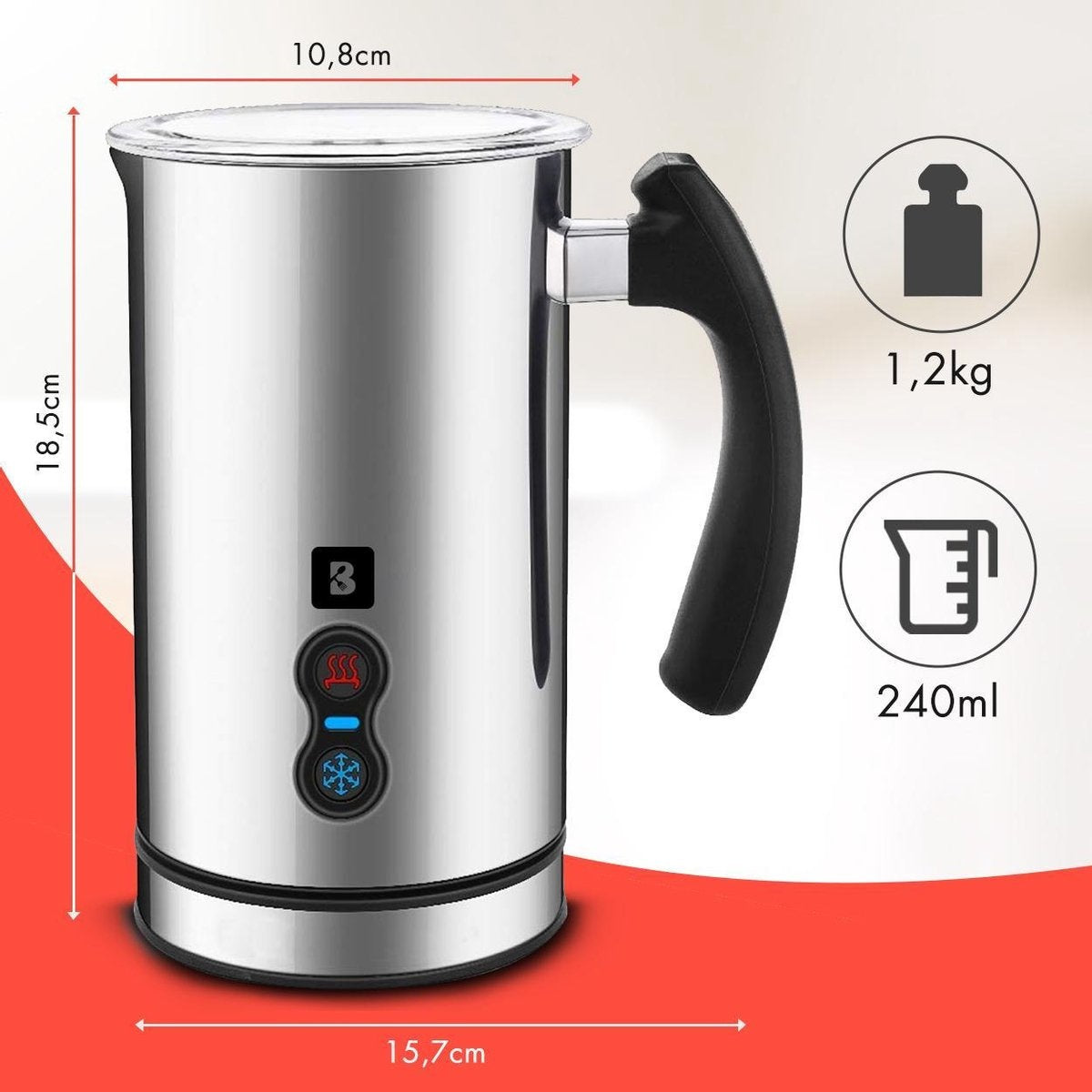 KitchenBrothers Elektrischer Milchaufschäumer - 240 ML - Edelstahl/Schwarz