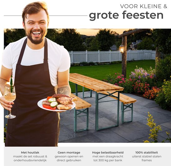 tectake - Biertisch mit 2 Bänken - 8 Personen - 170 cm lang - 3-teiliges Biertischset mit Klapptisch und Bänken - Gartentisch - Bierbank Oktoberfest