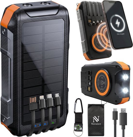 Nuvance Solar-Powerbank 20.000 mAh – 22,5-W-Schnellladegerät – USB-C & USB-A – 4 integrierte Kabel – kabellose Powerbank 15 W – Notfallpaket – Solar-Powerbank