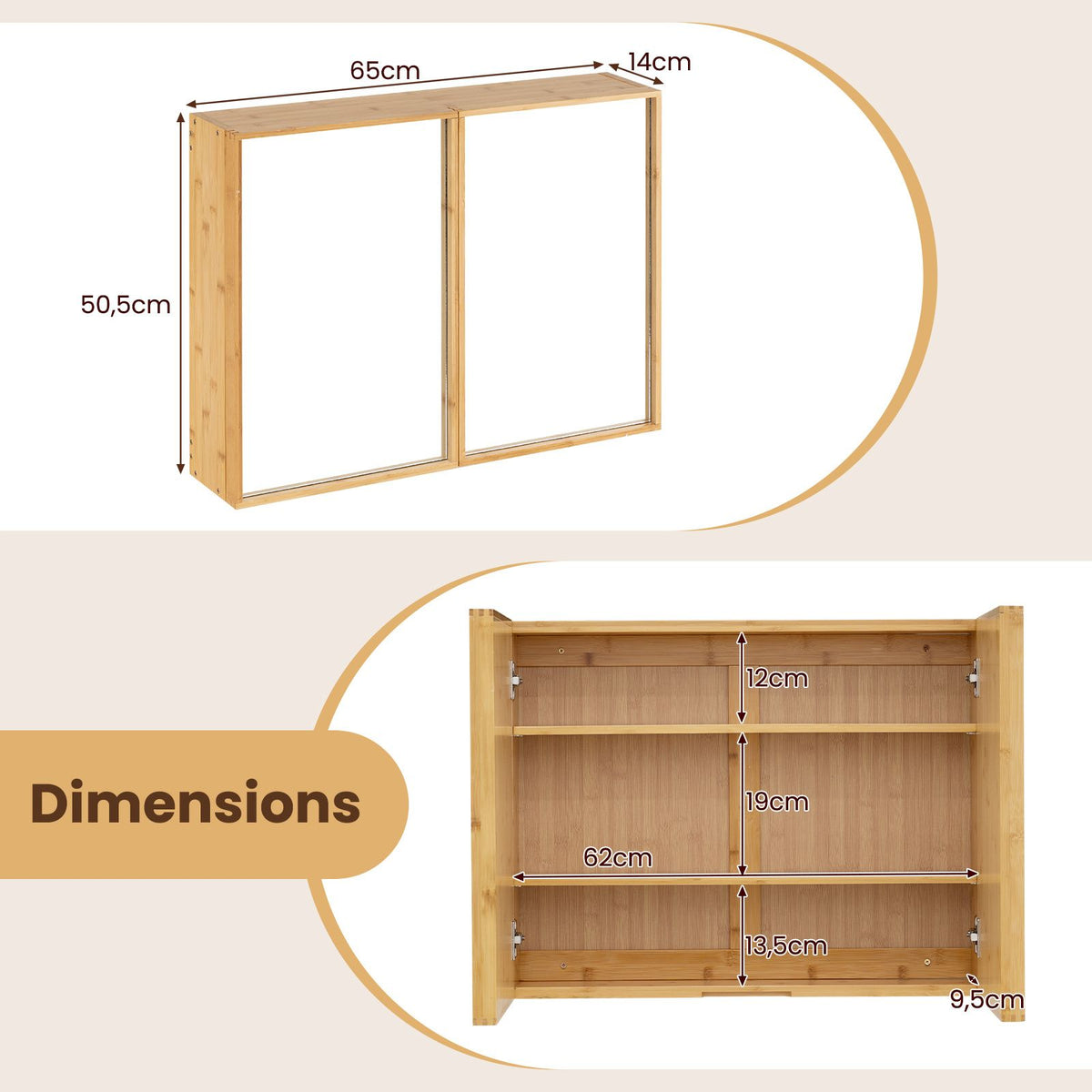 Coast Bambus-Spiegelschrank mit 2 Türen und verstellbaren Einlegeböden, 65 x 14 x 50,5 cm – Natur – Bambus und Spiegelrahmen