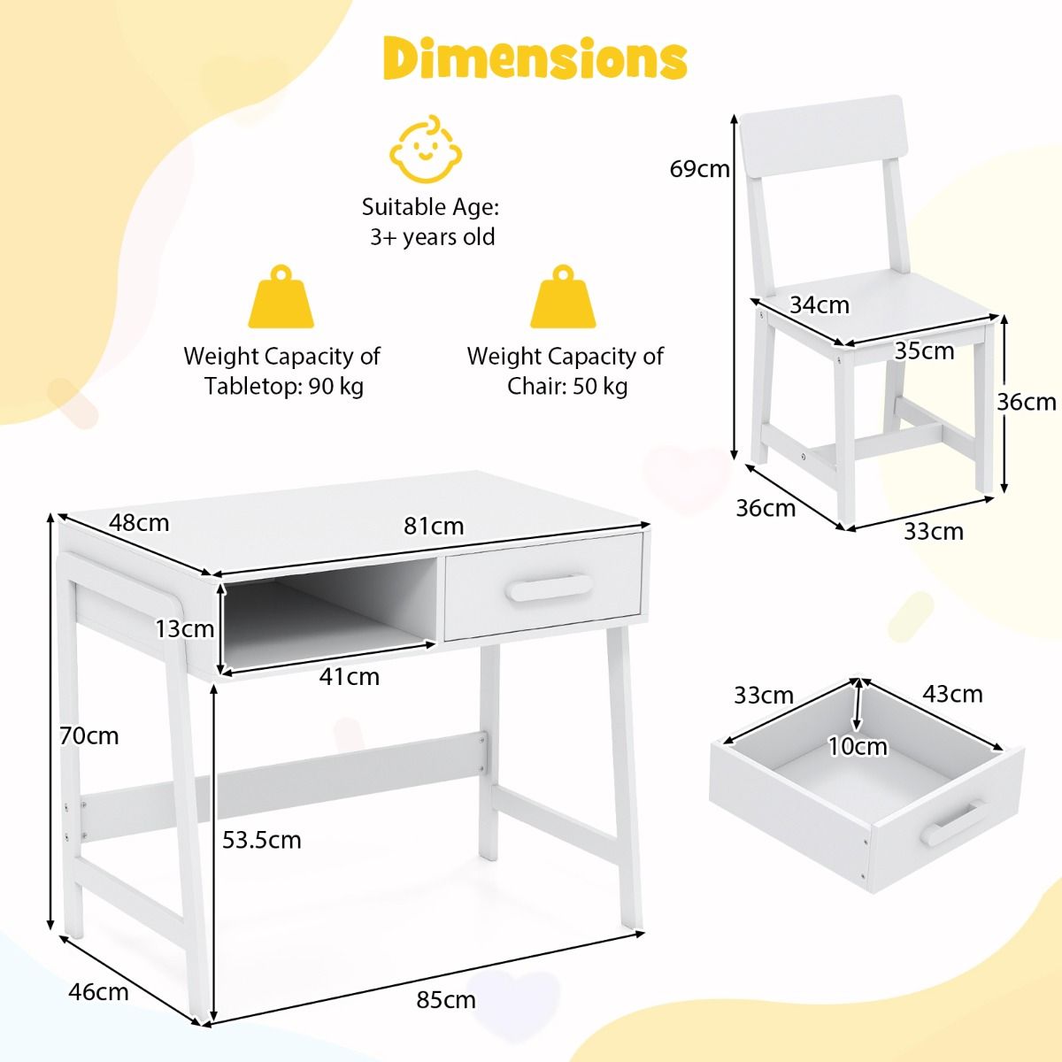 Coast Kinderschreibtisch mit Stuhl – mit Schublade und Ablage – ergonomisches Design – weiß