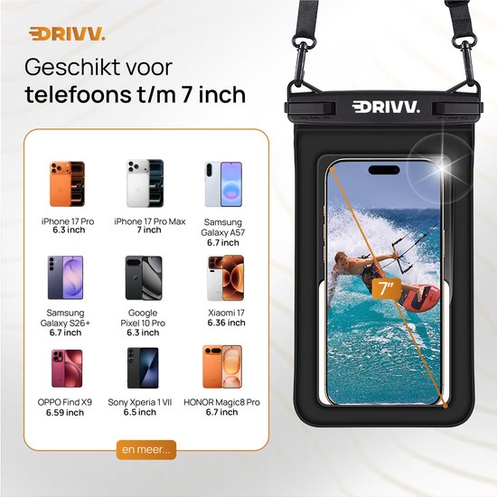 Drivv Luxe wasserdichte 2-in-1-Handyhülle – schwimmfähig – mit doppeltem Clipverschluss – für Handys bis zu 7 Zoll – schwarz