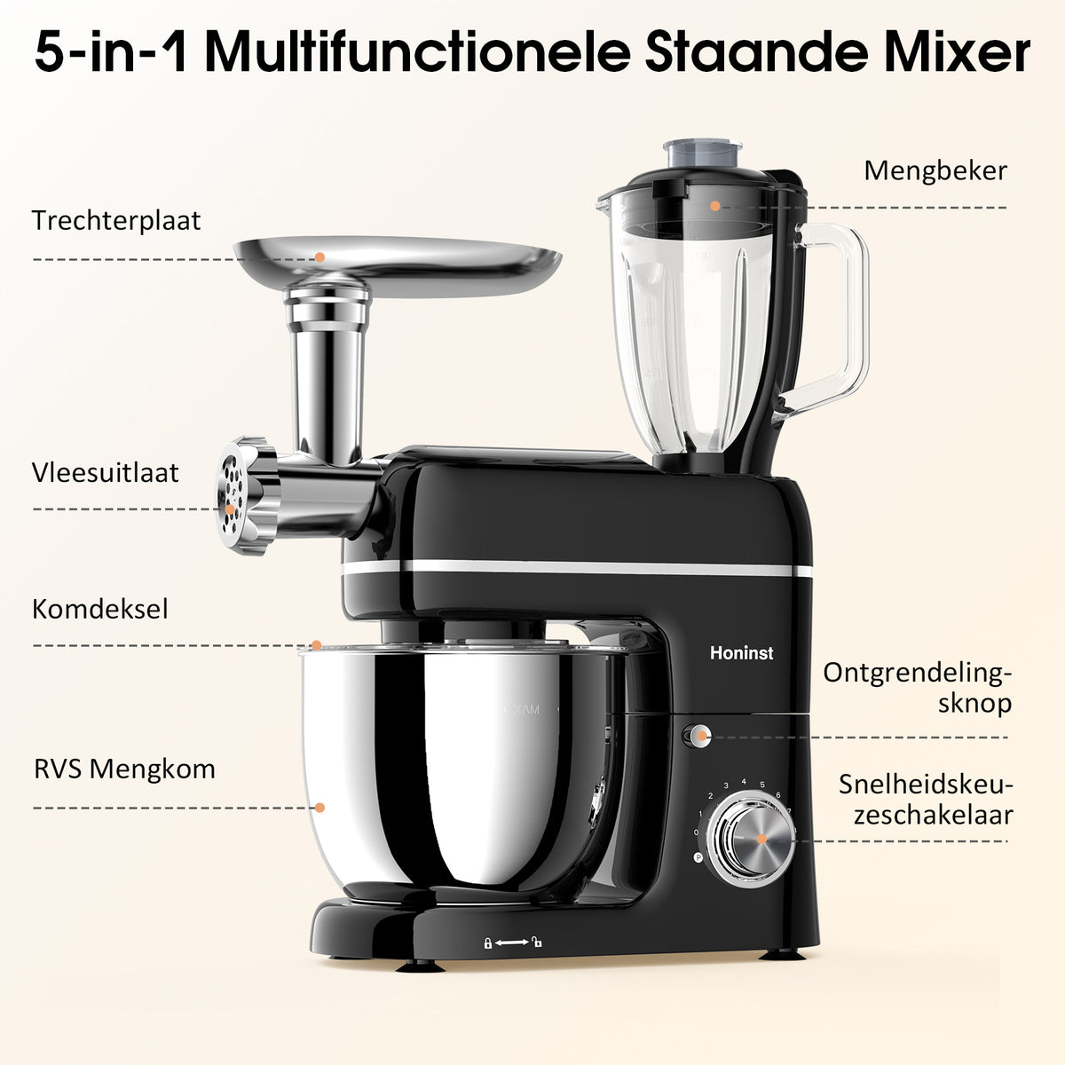 Honinst 7-in-1-Multifunktions-Standmixer – 6,5 QT, 8 Geschwindigkeitsstufen, kippbarer Kopf, Küchenmixer