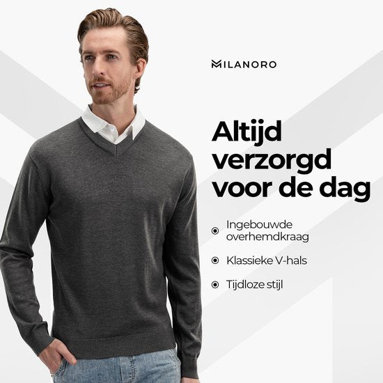 Milanoro - Herren Pullover mit Hemdkragen - Dunkelgrau - S