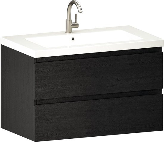 Mirlux Badezimmerschrank Schwarze Eiche 80 cm – Waschbecken Weiß – Badezimmerschrank-Set – Waschbeckenunterschrank Schwarze Eiche