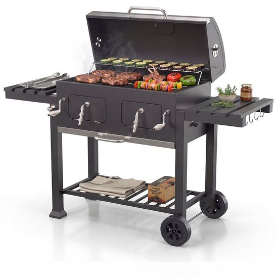 KitchenBrothers Holzkohle-Grill XL – Dual-Zone-Räuchergrill – Mit verstellbaren Kohlerosten und klappbaren Seitentischen – PFAS-frei – Grillfläche 42,3 x 75,8 cm – Schwarz