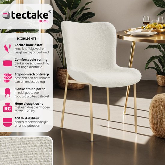 tectake - Polsterstuhl - Bouclé-Schalensitz für die Küche - Sessel für den Frisiertisch - Eleganter Ess- oder Wohnzimmersessel - weiß/gold - Div. Farben