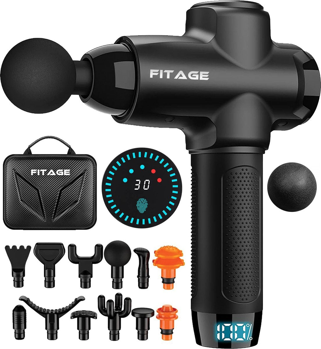 FITAGE Massage Gun Professional - 12 Aufsätze - 30 Modi - Schwarz