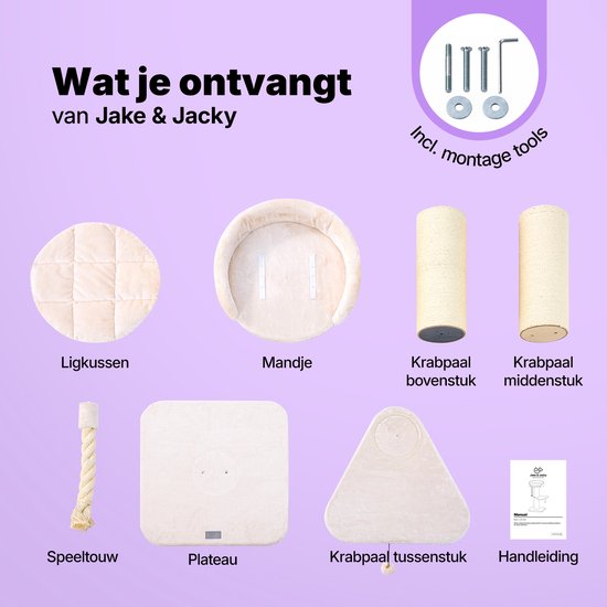 Jake und Jacky Kratzbaum für große Katzen mit Korb – mit Spielseil – mit Trittstufe – Natur/Creme – 57 x 57 x 121 cm – Ø Kratzbaum 20 cm