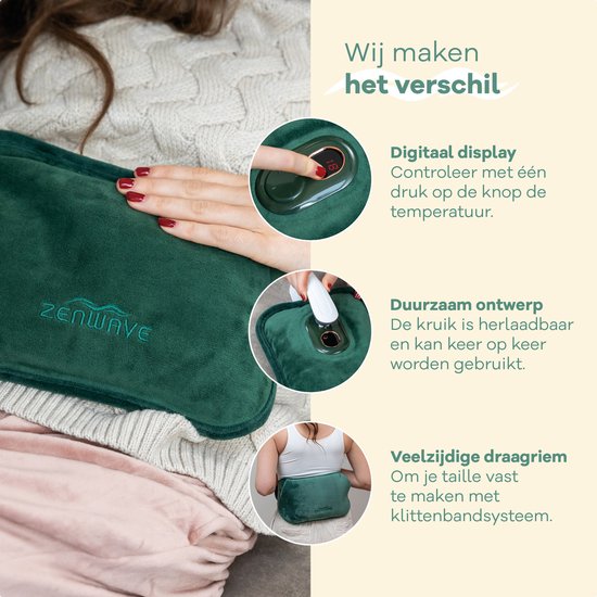 Zenwave Elektrische Wärmflasche mit Hülle – Digitalanzeige – Wärmflasche & Wasserflasche mit Handwärmern – Wiederaufladbares Wärmekissen – Menstruations-Wärmeband – Langlebig & kabellos – Camping & Outdoor – Wärmflasche, grün