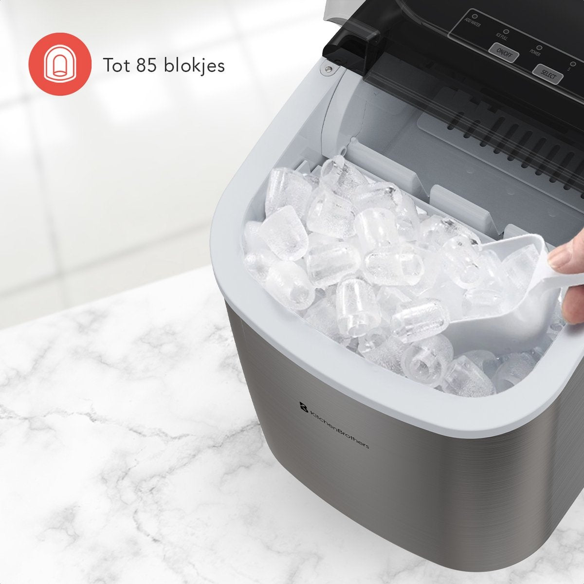KitchenBrothers Eiswürfelbereiter - 1.2L - 7-10 min. - 12kg/24h - Tragbar mit Handgriff - Eiswürfelbereiter mit Eisportionierer - Edelstahl