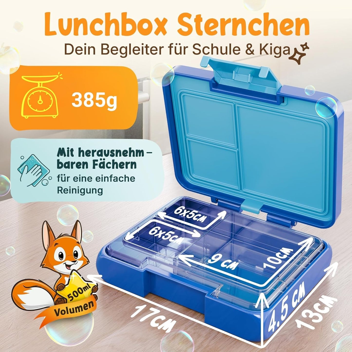 Funkelfuchs® - Lunchbox Kids mit Fächern - 500ml, blau - Lunchbox Stern, klein - Brotzeitbox, Snackbox, Lunchbox, Brotzeitbox, bento box kids - für Schule, Kindergarten und Krippe