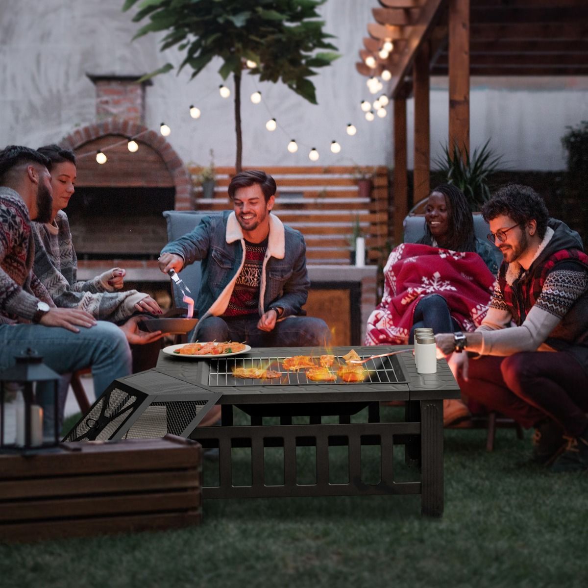Coast quadratische Feuerstelle – 3-in-1-Feuerschale mit Tischfunktion – mit Grillrost und Eiskübel – schwarz 81 x 81 x 50 cm