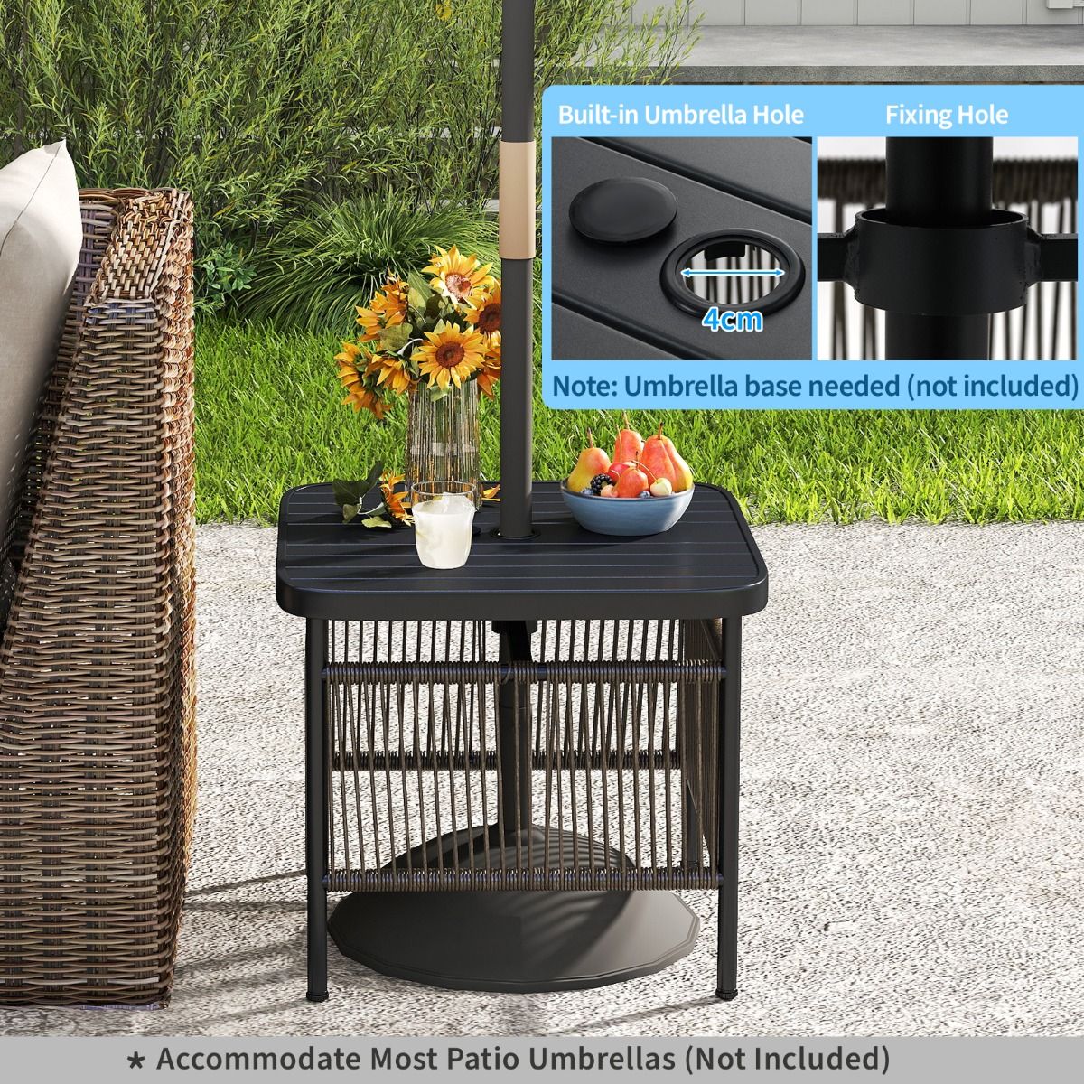 Coast Beistelltisch für den Außenbereich – wetterfestes Rattan – mit Sonnenschirmloch – schwarz – 56 x 56 x 49 cm