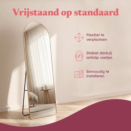Fraay Pass Mirror 160x55cm - Stehend & hängend - Minimalistischer Wandspiegel - Stehspiegel - Gebürstetes Gold