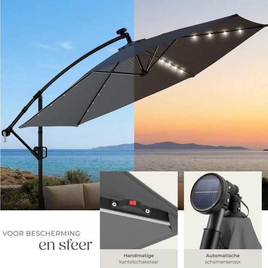 tectake® Schwebeschirm mit Fuß – 3 x 3 m – Gartenschirm mit solarbetriebener LED-Beleuchtung – drehbar – wasserabweisendes Polyester mit UV-Schutz – inklusive Schutzhülle – grau
