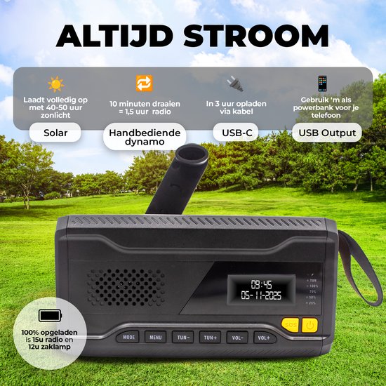Denver Notfallradio - Solarstrombank - DAB & FM Radio - Notfallset - Taschenlampe - Aufziehbar - SOS Licht - Solarstrombank - SCD2033