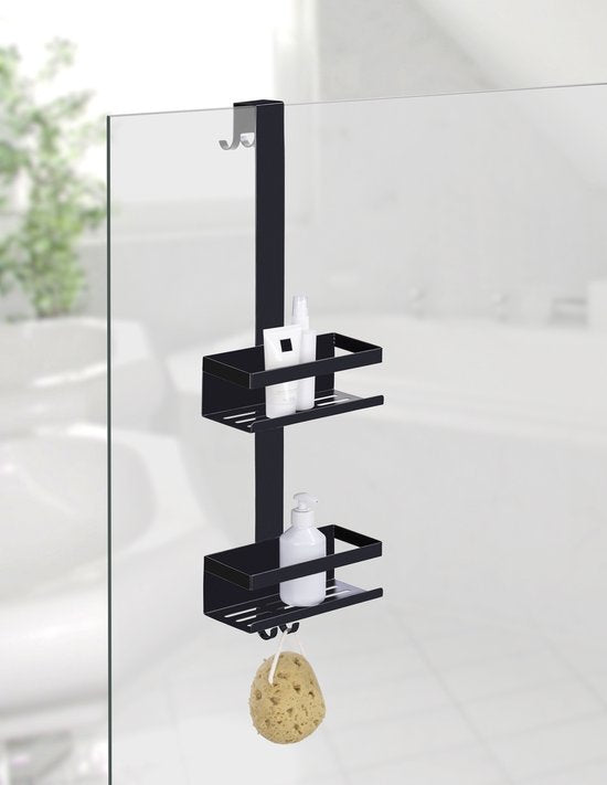 WENKO Duschregal Bribano Duo, 2-stöckig, Edelstahl, mattschwarz, 23 x 71 cm – Duschregal ohne Bohren – Hängendes Duschregal – Duschkorb – Hängbarer Duschkorb