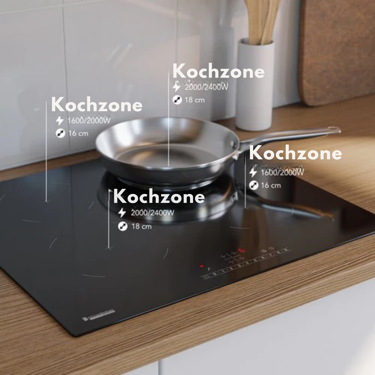 KitchenBrothers Induktionskochfeld - Einbau-Induktionskochfeld - 60 cm - 4 Zonen - 1 und 2 Phasen - Bis zu 2400W - Schwarz