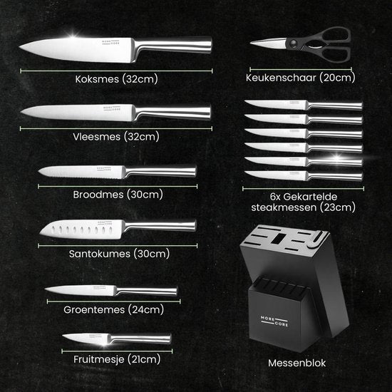 MoreCore Messerset mit Messerblock und Messerschärfer – Messerblock – Küchenmesser – Inklusive Küchenschere – Kochmesser – Kratzfest – Edelstahl – Silberfarben/Schwarz – Vatertagsgeschenk