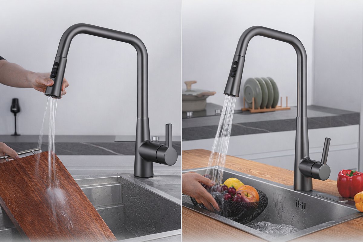 Inspire - Küchenarmatur - Gebürstetes Nickel - Ausgestattet mit klappbarem Sprinkler und 3-Wege-Brauseeinstellung und Keramikventilen - Für Küche und Hauswirtschaftsbereich - Graues Metall