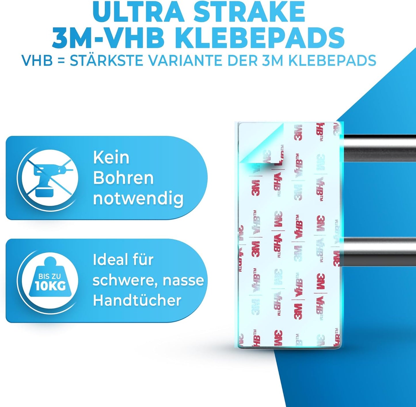 LOBUX® - Handtuchhalter ohne Bohren - 60cm, Edelstahl - Handtuchhalter Bad doppelt, selbstklebend - Handtuchhalter, Handtuchhalter inkl. 2 Handtuchhaken - für Bad, Duschwand, Küche