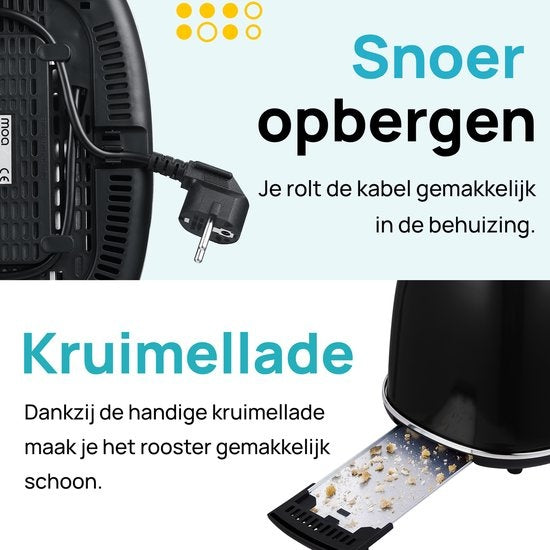 MOA Retro-Toaster - 6 Heizstufen - 2 extra breite Schlitze - 850W - Aufwärm- und Auftaufunktion - Schwarz - T3B