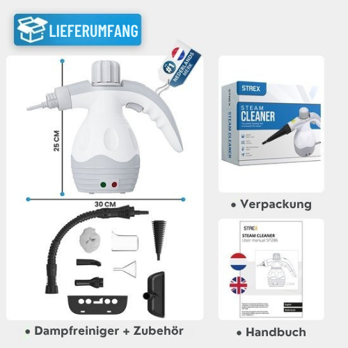 Strex - Dampfreiniger - 1200W - entfernt 99,9% Bakterien - 6 Aufsätze - Weiß