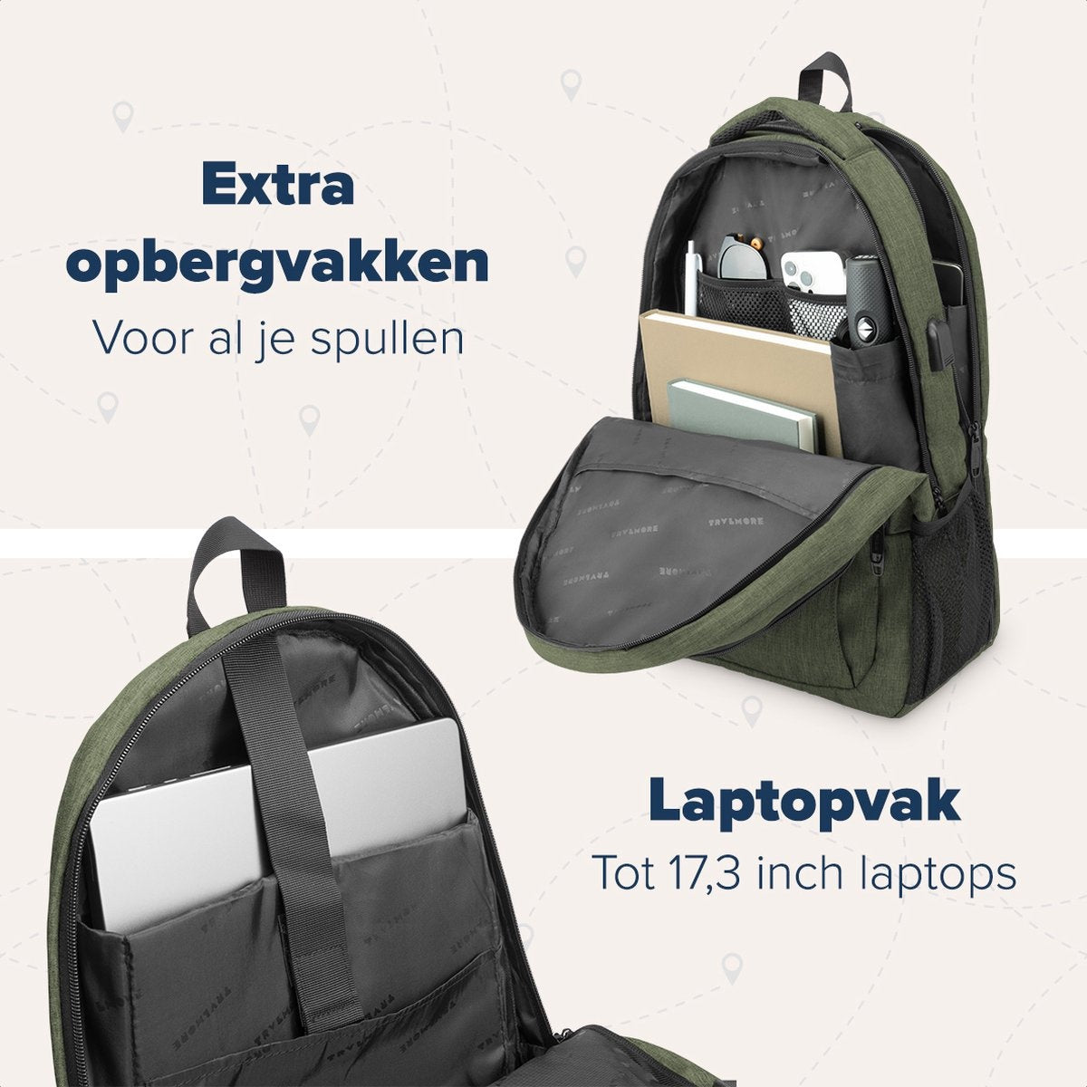 TRVLMORE Rucksack - 36L - 17.3 Zoll - Laptop-Rucksack - Schultasche - Unisex - Spritzwassergeschützt Grün