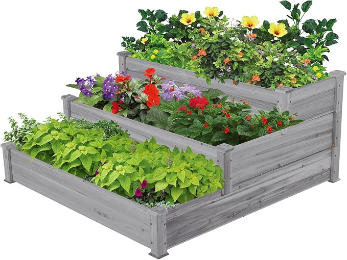 Yaheetech Erhöhter Pflanzkasten, 3-stöckig – Gemüsekasten aus Kiefernholz für Gemüse, Blumen und Kräuter