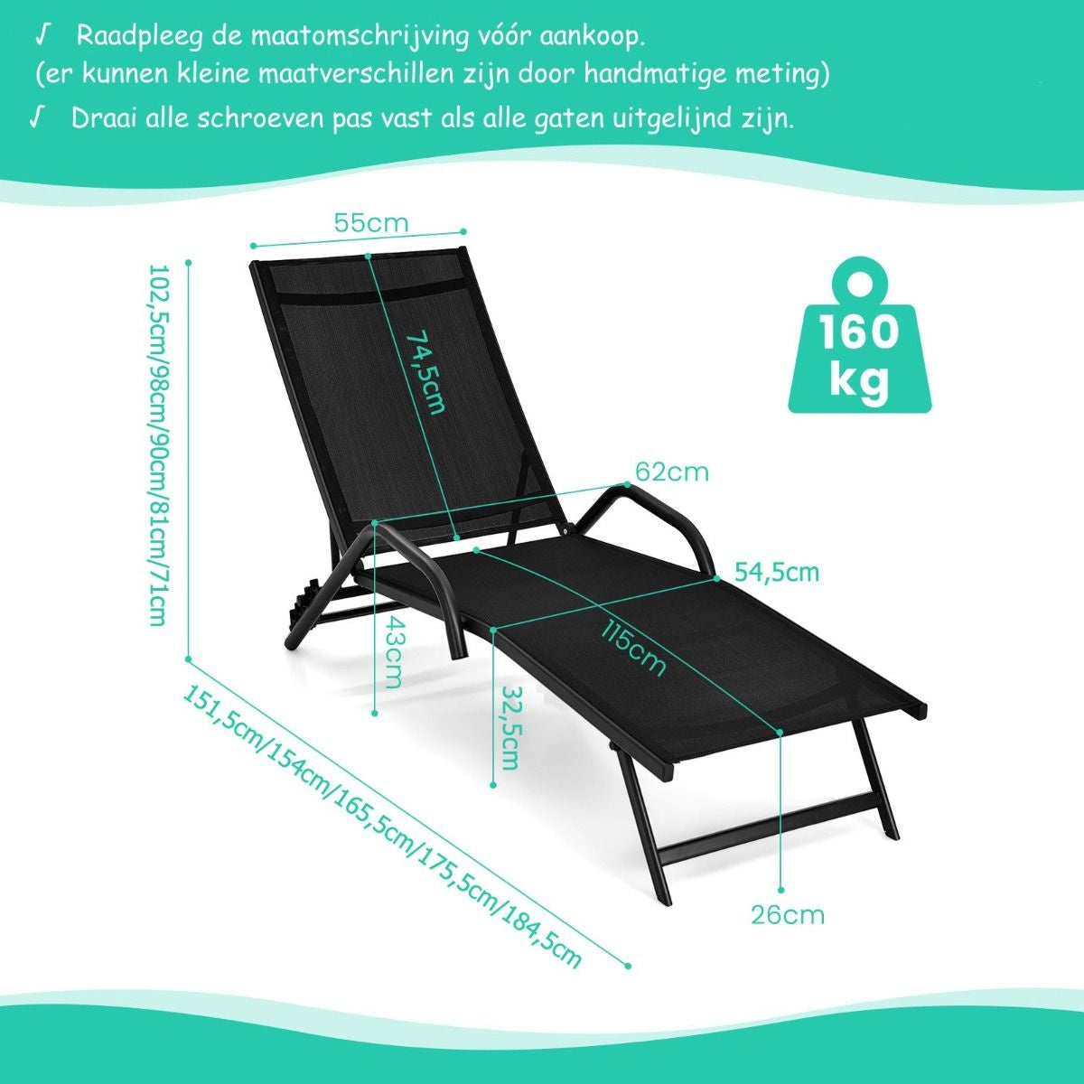 Coast 2 Set aus 5 verstellbaren Terrassenstühlen mit atmungsaktivem Stuhl für draußen schwarz