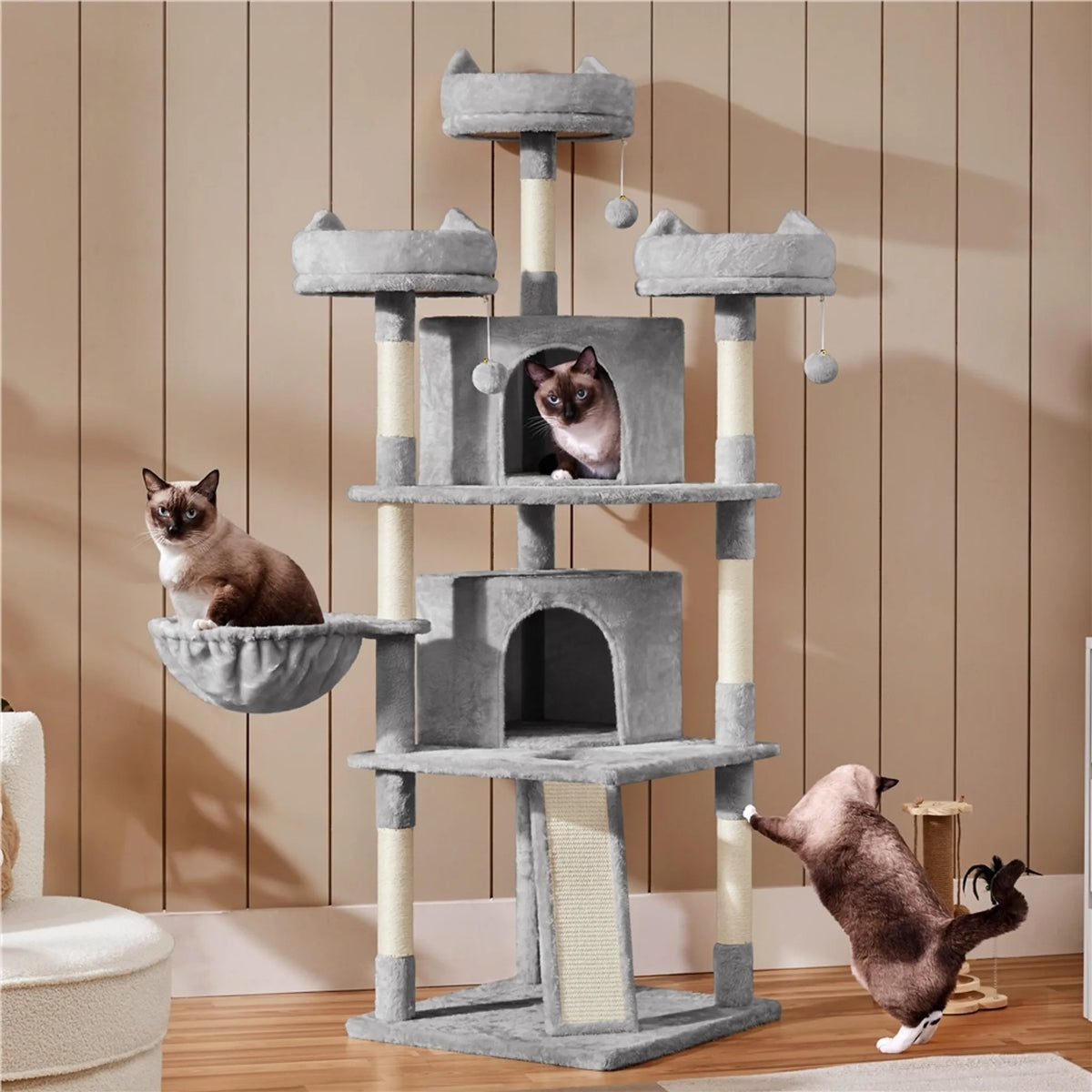 Yaheetech Katzenpfosten XXL mit 3 Aussichtsplattformen - Ausgestattet mit 2 Katzenhöhlen und Kratzbrett und Anti-Kipp-System - Für Haushalte mit mehreren Katzen - Hellgrauer Plüsch und Sisal - 55,5 x 55,5 x 175 cm