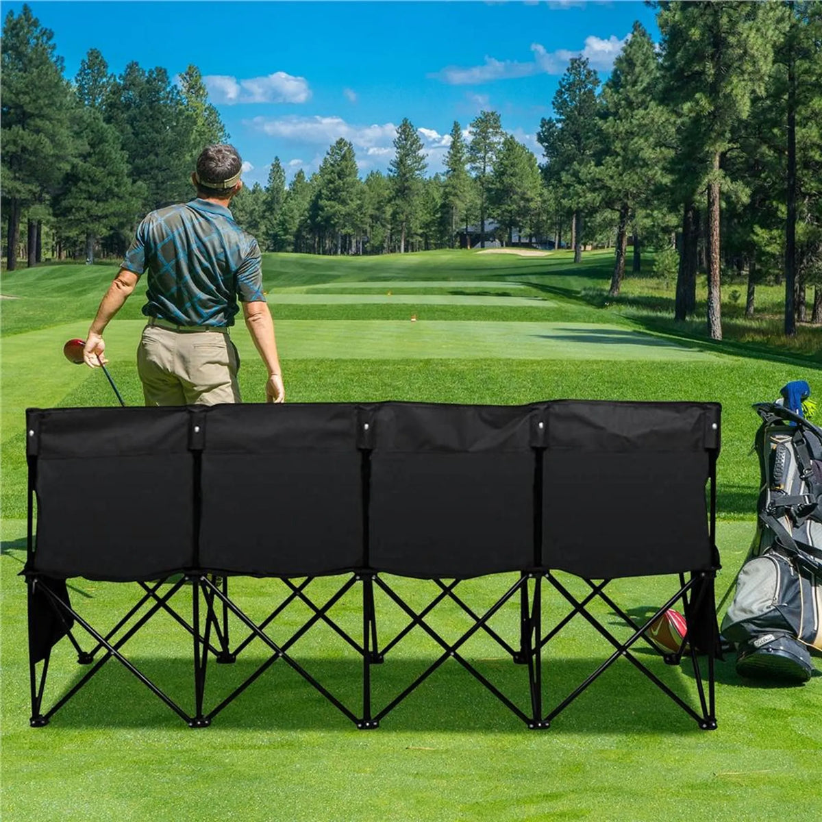 Yaheetech Camping Bank faltbar 4-Personen - 184 x 49 x 82,5 cm - Ausgestattet mit 600D Oxford-Gewebe und Tragetasche und 2 Aufbewahrungsfächer - Für Camping und Sport-Turniere - Schwarz Metall