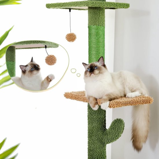 Kattenu CactusTower – Hoher Kratzbaum für die Decke – Verstellbar von 229 bis 275 cm – Grün – Kratzbaum für Katzen zur Befestigung an der Decke