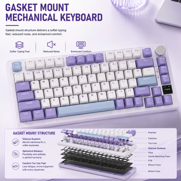 AJAZZ AK820 Pro Mechanische Tastatur – 75 % – QWERTY US – Tri-Mode – TFT-Display – RGB – Grau – Sea Salt Purple-Schalter
