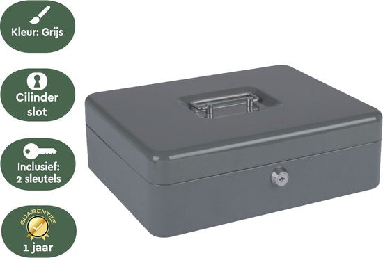 BRASQ Spardose - Geldschrank mit Schlüssel - Geldschrank mit 5 Fächern Münzsortierer - Stahl - 30x24x9 cm Grau