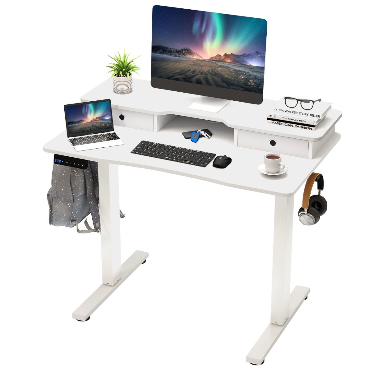 Coast Elektrischer Sitz-Steh-Schreibtisch – Höhenverstellbar – Mit Monitorhalterung und Schubladen – Weiß 100 x 60 cm