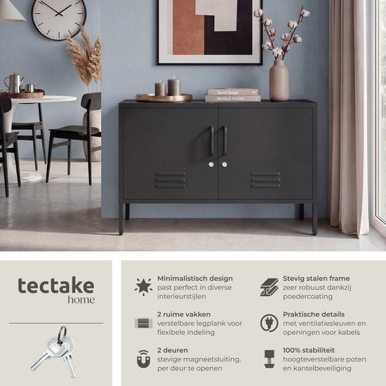 tectake® Stahl-Sideboard – TV-Möbel – 100 x 42,5 x 65 cm – Kommode – Verstellbare Einlegeböden – 2 Türen mit Magnetverschluss – Lowboard – Metallschrank – Schwarz