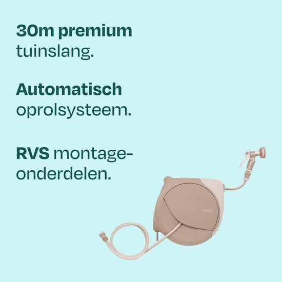 VONROC Automatischer Gartenschlauchaufroller – Gartenschlauchbox zur Wandmontage – inkl. 30 m Premium-Gartenschlauch, Spritzpistole mit 8 Sprühstufen und Anschlüssen – beige