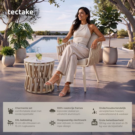 tectake® Gartenset Lugano – Gartenstuhl – Liegestuhl mit Beistelltisch – Gartenstuhl im Seil-Design mit Aluminiumgestell – Garten-Sessel mit dicken Kissen – Lounge-Set für Garten oder Balkon - Terrassenstuhl – UV- und witterungsbeständig – Beige