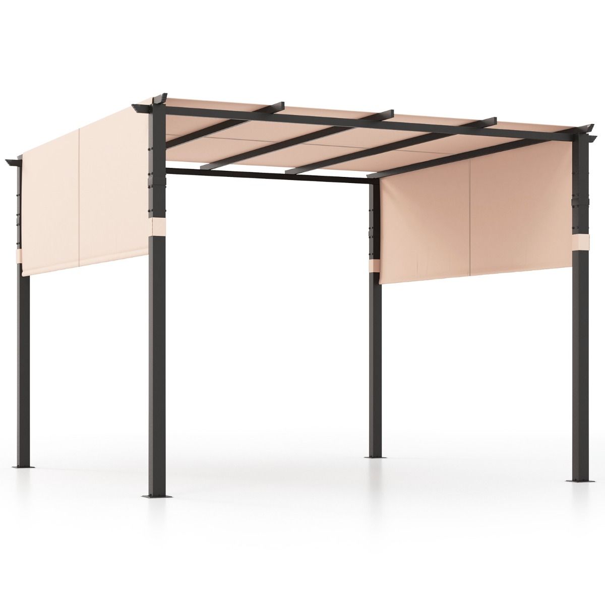 Coast Pergola - 305 x 305 cm - Beige - Flachdach und einziehbarer Sonnenschirm - Luxuriöse Metall-Gartenüberdachung mit 2 verstellbaren Sonnenschirmen