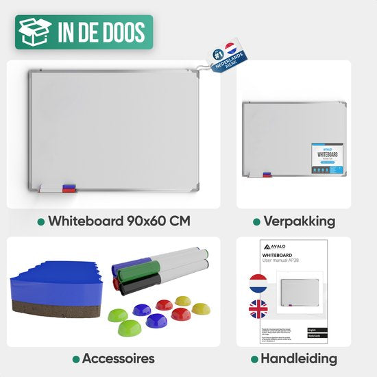 Avalo Whiteboard 60x90 cm - 14 in 1 Set - Whiteboard Magnetic inklusive Marker, Magnete & Radiergummi