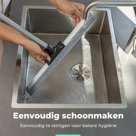 CLEANLY Bodenwischer mit Griff Teleskop 113-142 cm - Badezimmer-Bodenwischer mit Gummiwischer - Wasserwischer - Duschwischer - Breite 43,5 cm - Schwarz, Grau