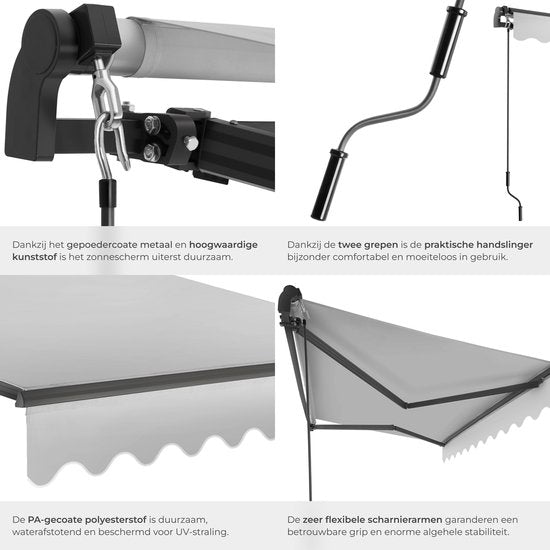 tectake® Sonnenschirm mit Gelenkarm - 300 x 250 cm - Markise - Sonnenschutz für Fenster, Balkon, Außenbereich - Wandmontage - Wasser- und UV-beständig - Hellgrau